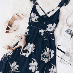 Lulus All Mine Navy Blue Floral Print High-Low Wrap Dress Medium